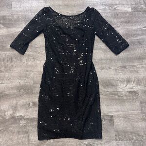 Monique Lhuillier Black Lace Sequin Cocktail Dress 3/4 Sleeve Womens Sz. 4